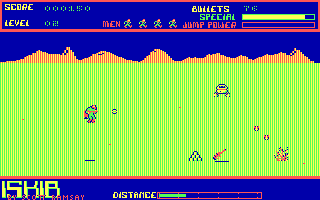 Iskib (DOS) screenshot: Level 2: enemies drop bombs now... but I've got a jetpack!