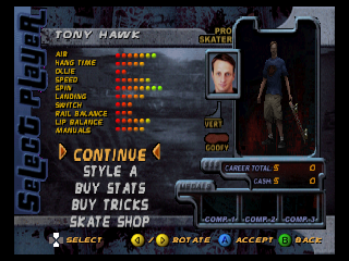 Tony Hawk's Pro Skater 2 (Nintendo 64) screenshot: Player select screen.
