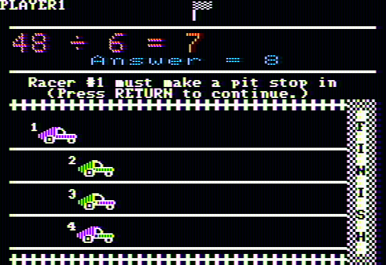 Race Car 'Rithmetic (Apple II) screenshot: Incorrect answer