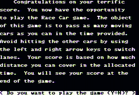 Race Car 'Rithmetic (Apple II) screenshot: Racing game intro