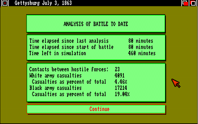 UMS: The Universal Military Simulator (Amiga) screenshot: The battle is broken up into periods. New orders are issued to troops at the start of each period.