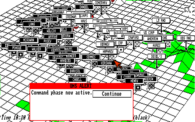 UMS: The Universal Military Simulator (Amiga) screenshot: Command phase allows you to issue new orders to your troops.