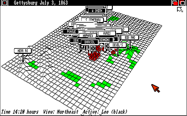 UMS: The Universal Military Simulator (Amiga) screenshot: The red marks show where armies have engaged.
