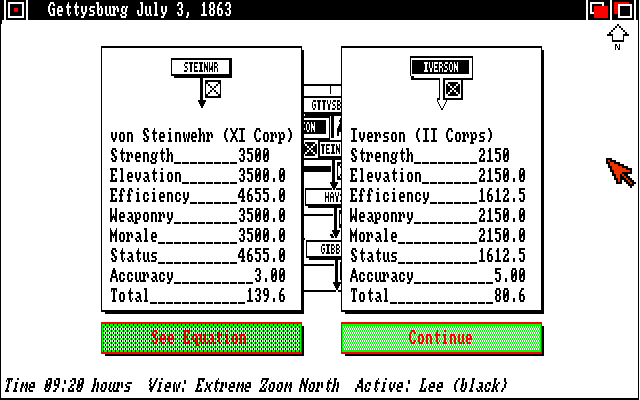 UMS: The Universal Military Simulator (Amiga) screenshot: You can view the equation behind the combat results.