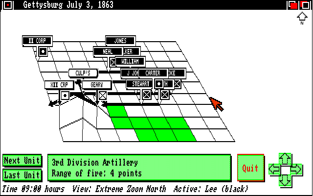 UMS: The Universal Military Simulator (Amiga) screenshot: Firing ranged weapons such as artillery.