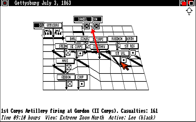 UMS: The Universal Military Simulator (Amiga) screenshot: The Union artillery fires on the Confederates from atop a hill.