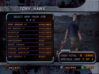 Tony Hawk's Pro Skater 2 (PlayStation) screenshot: You can also buy tricks with your cash.