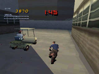 Tony Hawk's Pro Skater 2 (PlayStation) screenshot: A golf car, what's doing in the school and why do you knock me?