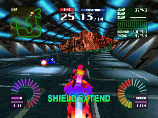 MaxRacer (PlayStation) screenshot: Shield Extend. And little piece of crap overtook me...