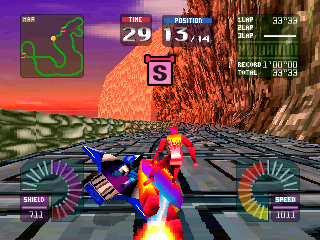 MaxRacer (PlayStation) screenshot: S (Shield) is very close. And by the way, argh, get outta my way, little piece of crap!