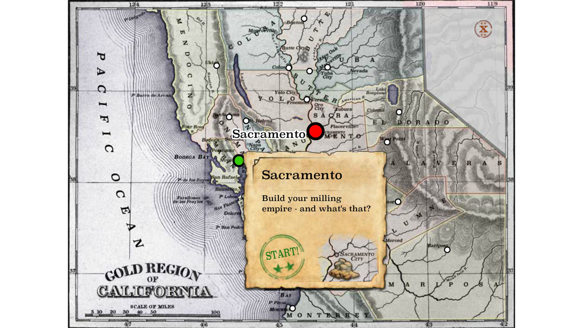 1849 (Windows) screenshot: Apparently there is a city in California where you can only live once.