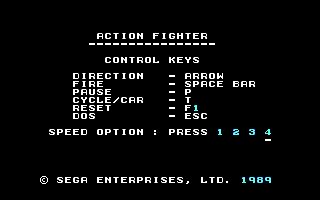 Action Fighter (DOS) screenshot: Game instructions from USA version / Copyright by Sega Enterprise. Ltd.