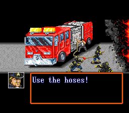 The Ignition Factor (SNES) screenshot: Calling in support to slow the spread of the fire.
