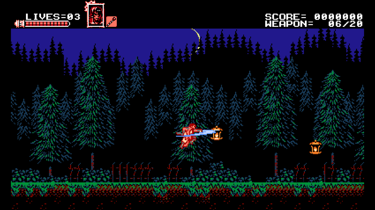 Bloodstained: Curse of the Moon (Windows) screenshot: Similarities to classic <moby game="Castlevania" platform="NES">Castlevania</moby> are obvious. Btw, what are these lanterns attached to?
