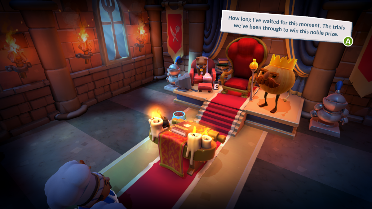 Overcooked! 2 (Windows) screenshot: All seems to be fine in Onion Kingdom. Wait, what's that book?