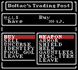 Wizardry: Proving Grounds of the Mad Overlord (Game Boy Color) screenshot: When Expanded trade is enabled (which is the default option), you'll see categories for different items at the Trading Post