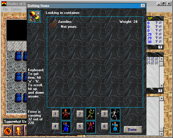 Blades of Exile (Windows 3.x) screenshot: The game will helpfully inform the player if an item belongs to an NPC, in which case taking it without permission is not a good thing.