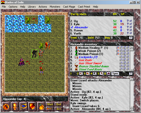 Blades of Exile (Windows 3.x) screenshot: Combat with some Giant Lizards
