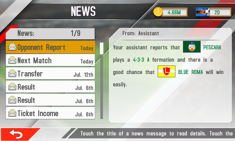 Real Football Manager 2013 (J2ME) screenshot: Opponent report (Samsung S8000 version)