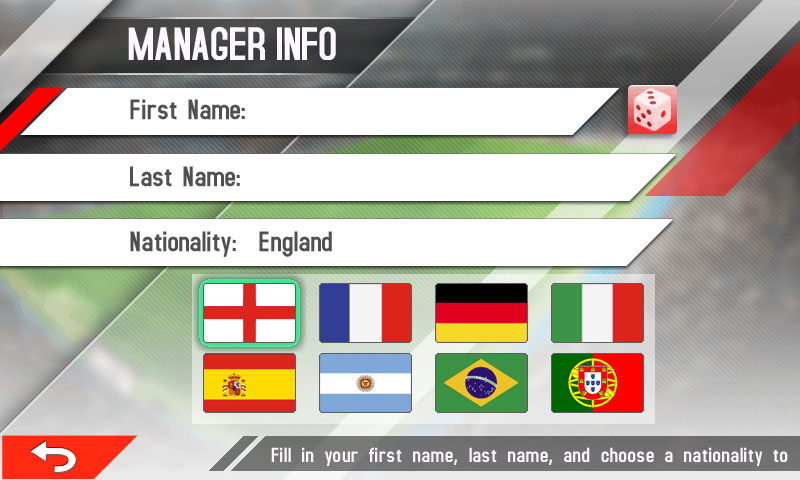 Real Football Manager 2013 (J2ME) screenshot: Manager creation (Samsung S8000 version)
