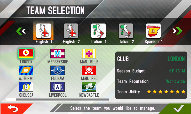 Real Football Manager 2013 (J2ME) screenshot: Selecting a team (Samsung S8000 version)