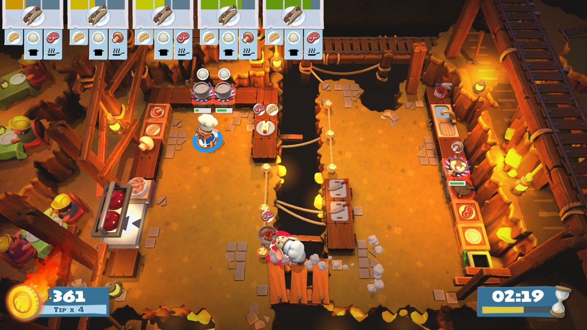 Overcooked! 2 (Windows) screenshot: In the mines, running with fried meat, while the other player is cooking rice