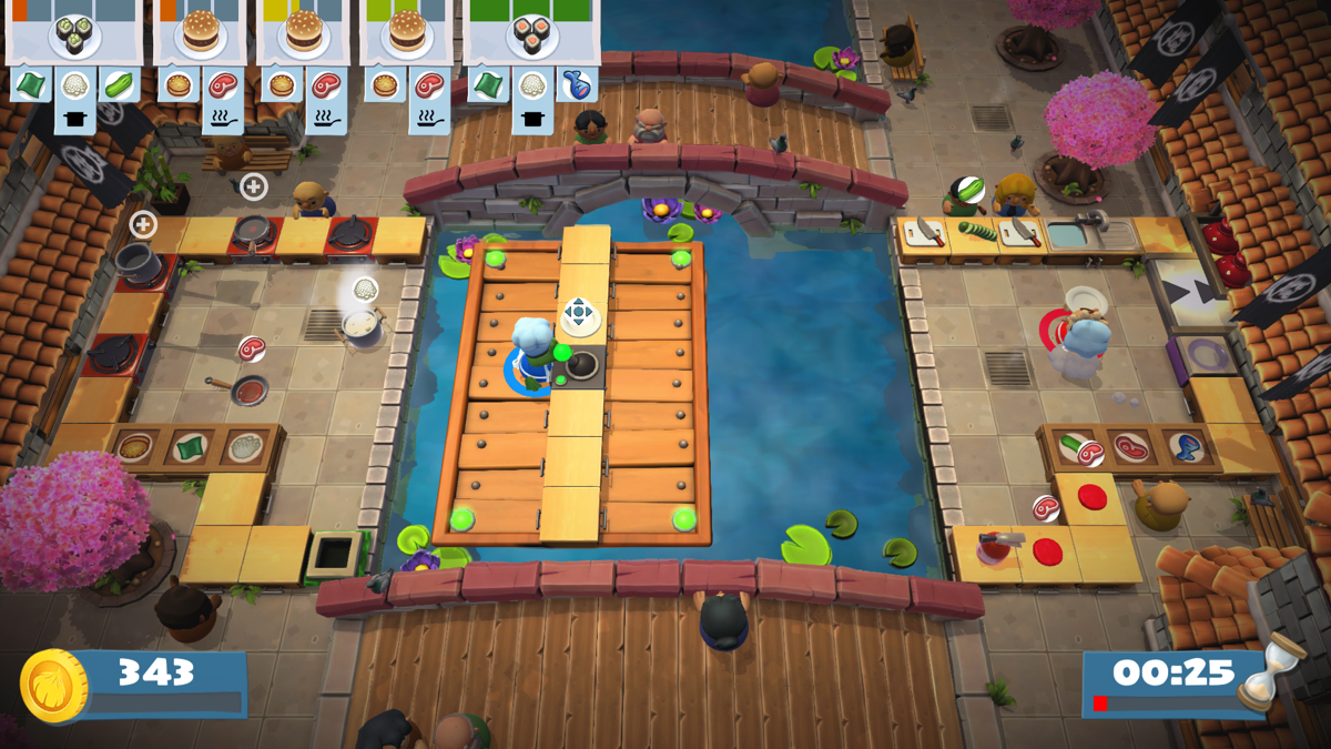 Overcooked! 2 (Windows) screenshot: Here you need to control the raft, it's the only way to pass the ingredients