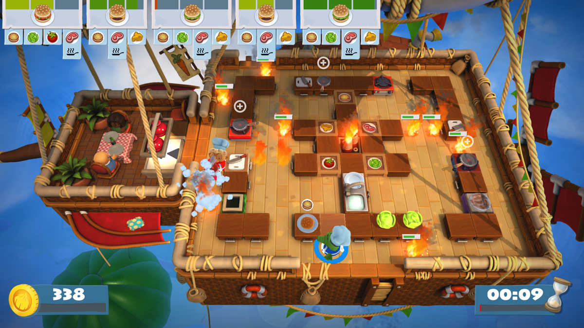 Overcooked! 2 (Windows) screenshot: The whole kitchen is on fire, some areas are blocked off... it's a mess