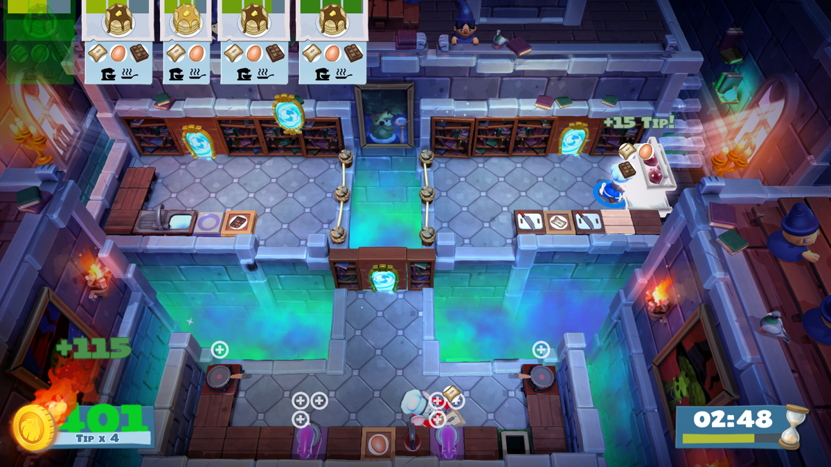 Overcooked! 2 (Windows) screenshot: Cooking some chocolate pancakes for little wizards. Yummy!