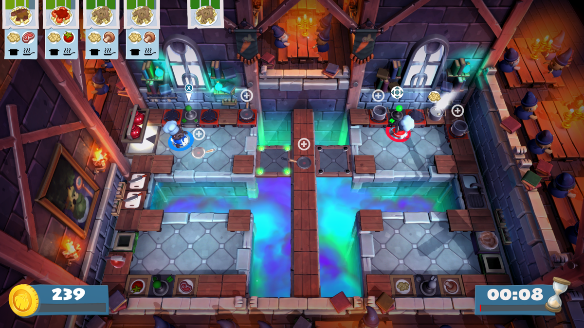 Overcooked! 2 (Windows) screenshot: The left switch controls the right platform, and vice versa
