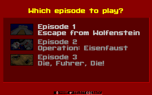 Wolfenstein 3D (Browser) screenshot: Episodes 1 to 3 are available.