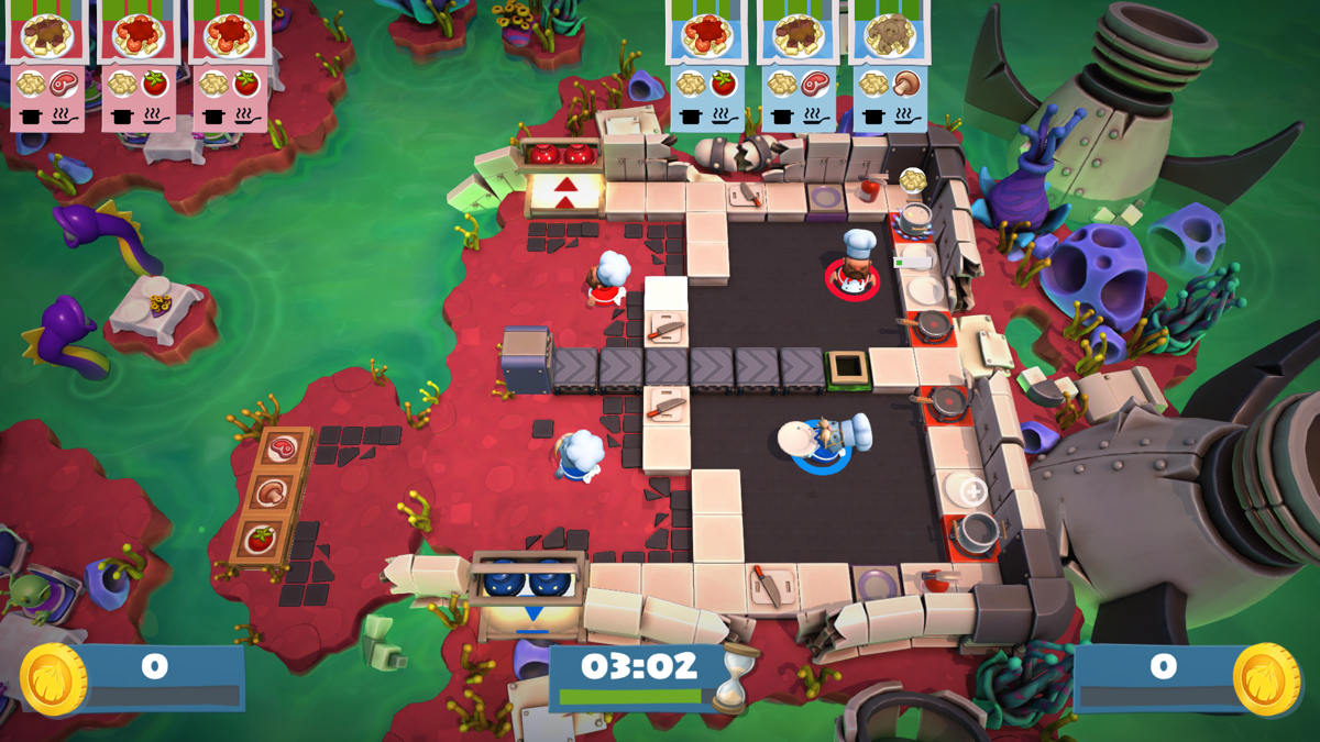 Overcooked! 2 (Windows) screenshot: Versus mode, each player controls two chefs, and has a separate queue of foods to cook
