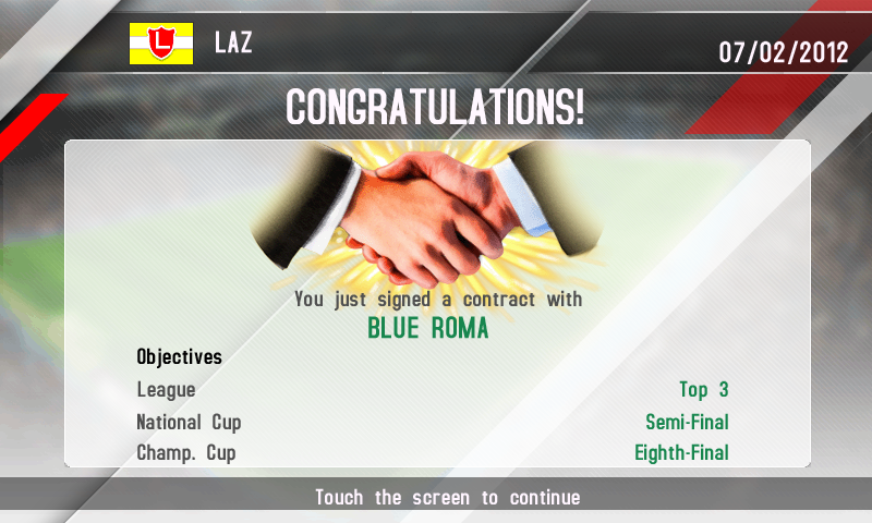 Real Football Manager 2013 (J2ME) screenshot: Taking control of Blue Roma (that's Lazio) (Samsung S8000 version)