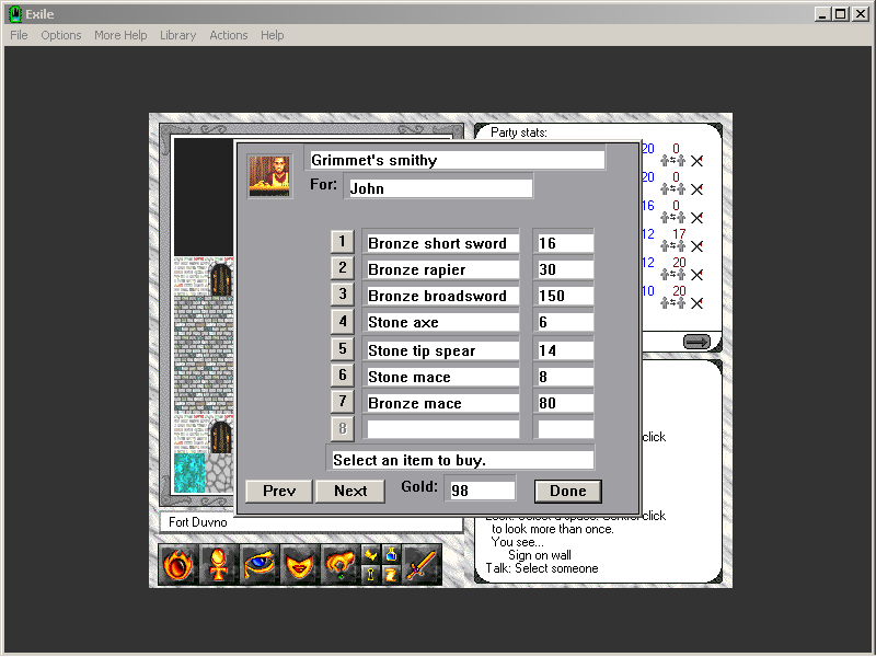 Exile: Escape from the Pit (Windows 3.x) screenshot: Buying weapons at a smithy.
