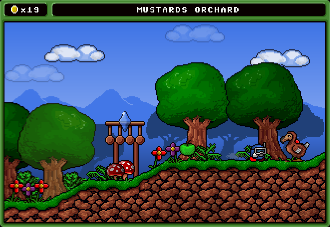 Spuds Quest (Windows) screenshot: These floating blue crystals are the places where you can save your game.