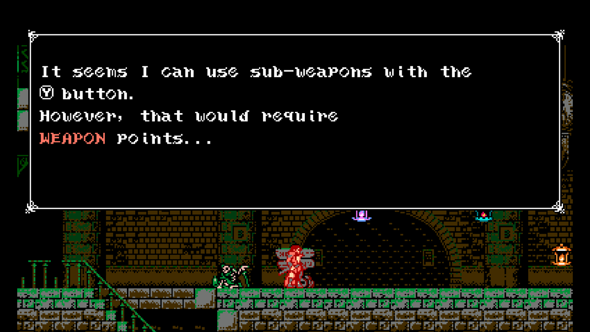 Bloodstained: Curse of the Moon (Windows) screenshot: A hint about sub-weapons