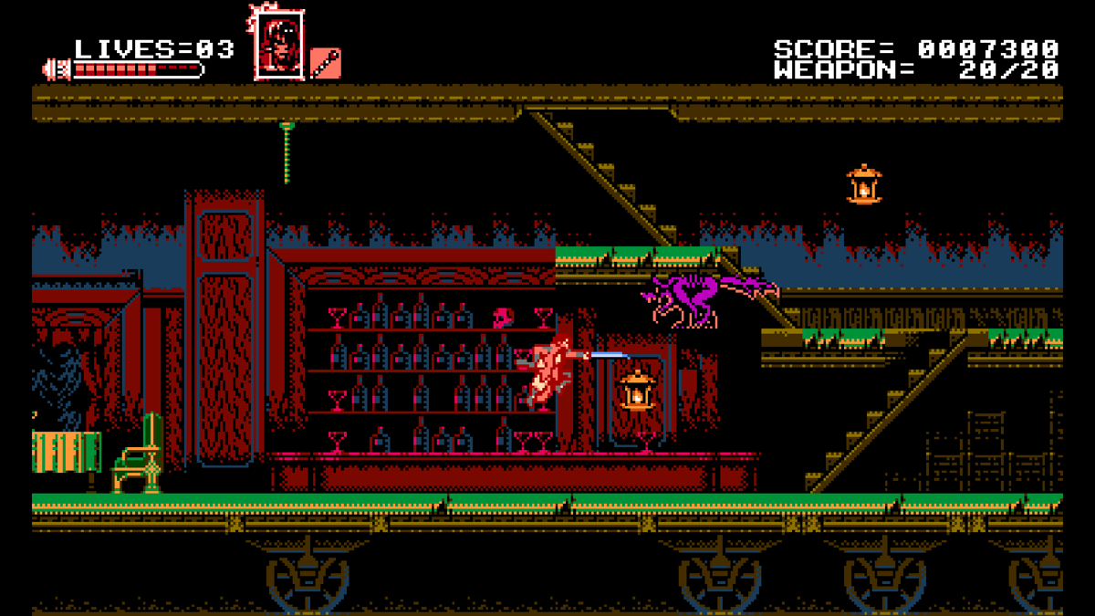 Bloodstained: Curse of the Moon (Windows) screenshot: Attacking a wolf or a dog, inside a train