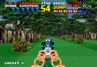 A.B. Cop (Arcade) screenshot: Boosting through the woods.