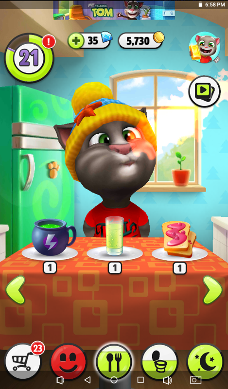 My Talking Tom (Android) screenshot: When you feed your Tom with chili, he breaths fire.