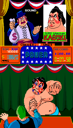 Arm Wrestling (Arcade) screenshot: Wrestling Sumo Wrestler Kabuki in Round 2.