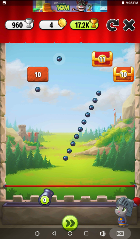 My Talking Tom (Android) screenshot: Brick Blast mini game: The number written on each brick is the required number of balls to destroy them.