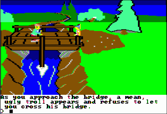 King's Quest (Apple II) screenshot: Troll blocks the bridge... how did that fable go again?