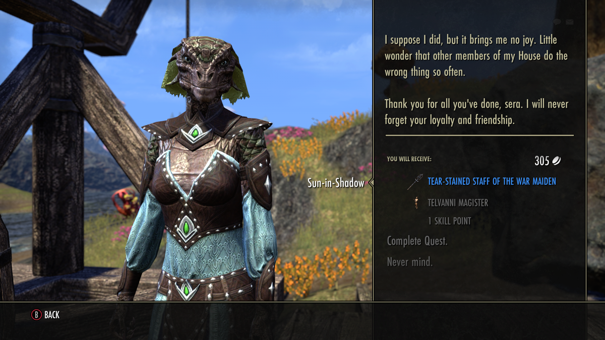 The Elder Scrolls Online: Morrowind (Xbox One) screenshot: Collecting my rewards for finishing a fairly extensive quest.