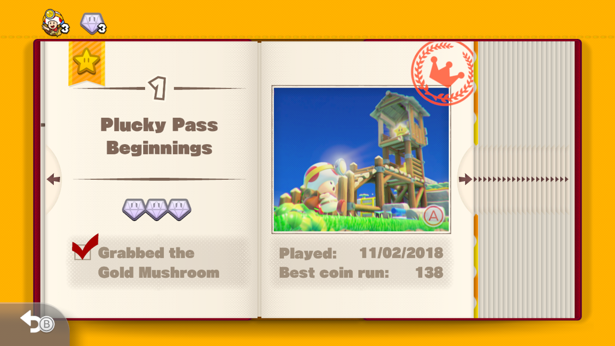 Captain Toad: Treasure Tracker (Wii U) screenshot: The levels are presented as pages in a book. Here I have completed a level with a hidden objective