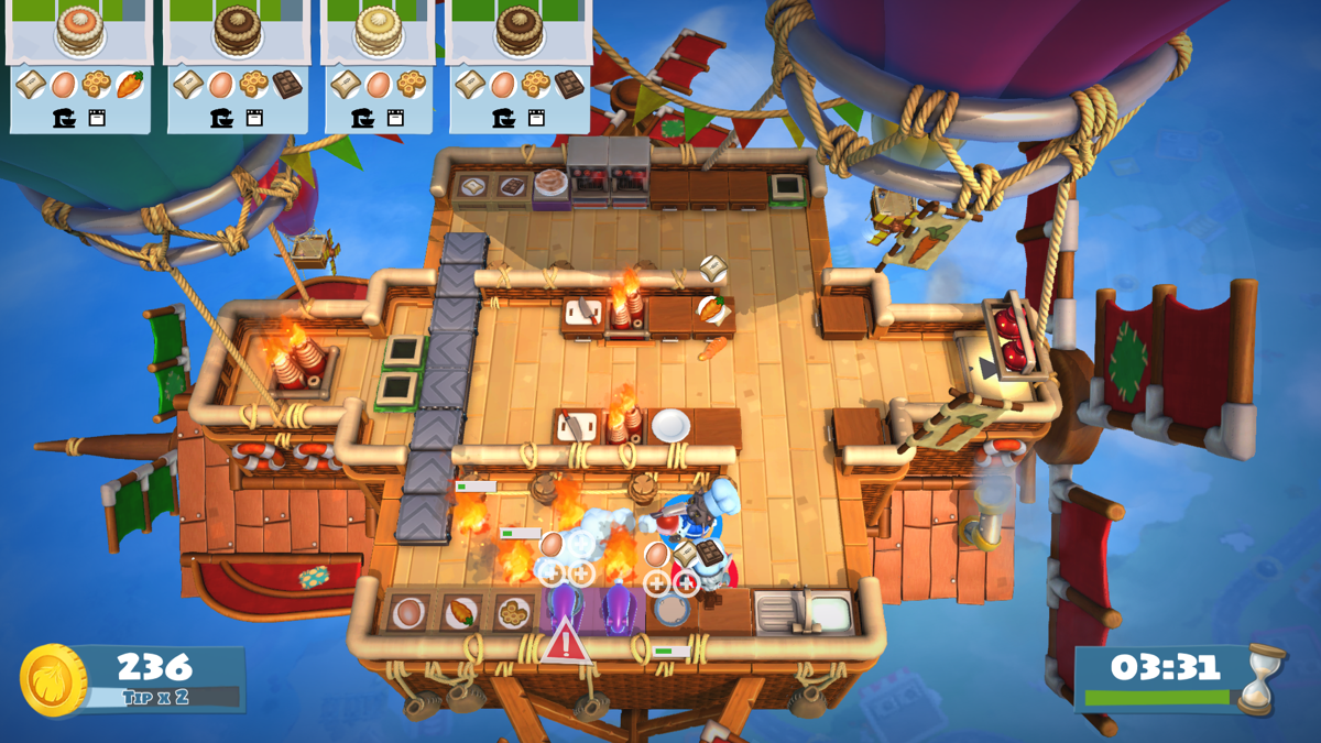 Overcooked! 2 (Windows) screenshot: Need to extinguish the fire real quick, before my dish gets overcooked