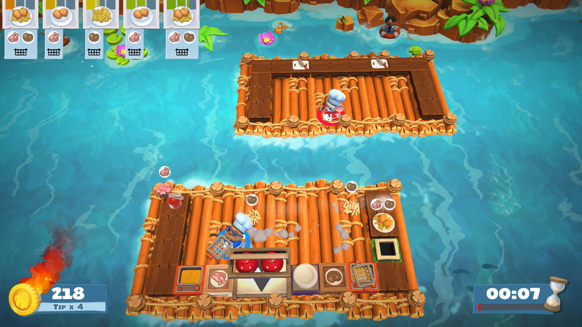 Overcooked! 2 (Windows) screenshot: Good thing you can toss ingredients, so cooking doesn't stop