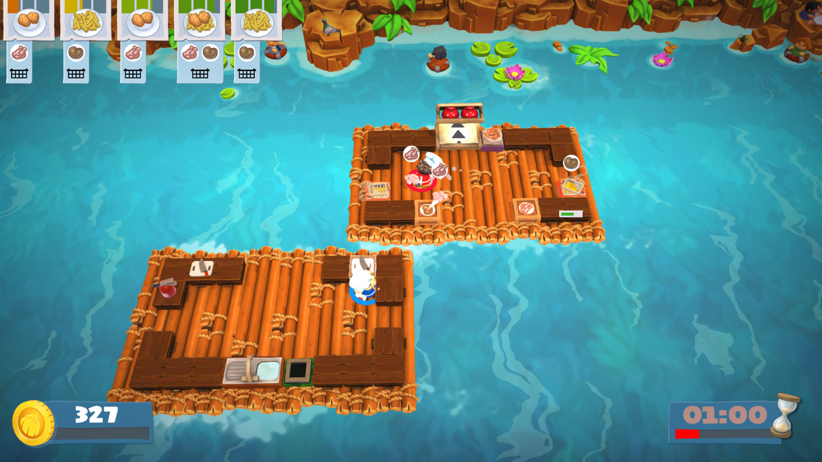 Overcooked! 2 (Windows) screenshot: The clock is ticking, and the rafts are still too far from each other