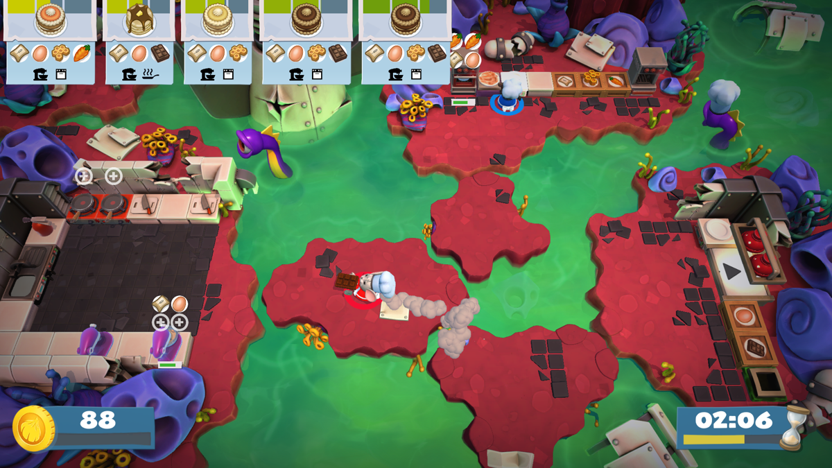 Overcooked! 2 (Windows) screenshot: These small islands keep sinking and rising, and that caused a lot of deaths a time loss