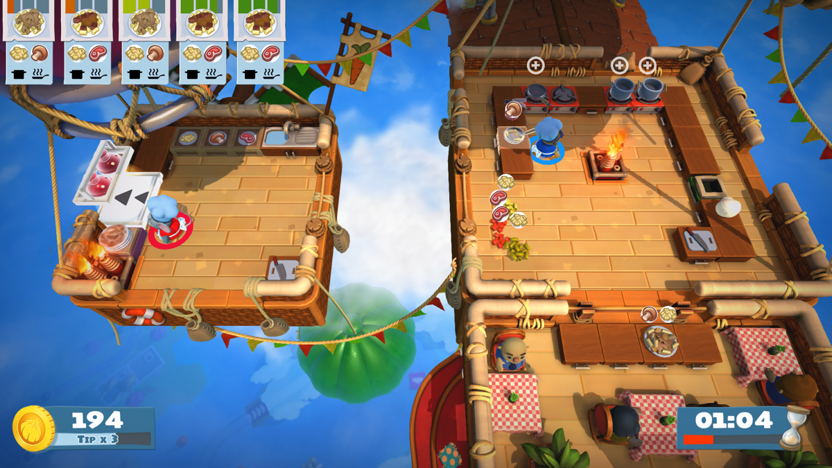 Overcooked! 2 (Windows) screenshot: But you can only toss raw uncut ingredients, so you have to wait until two sides of the kitchen come together