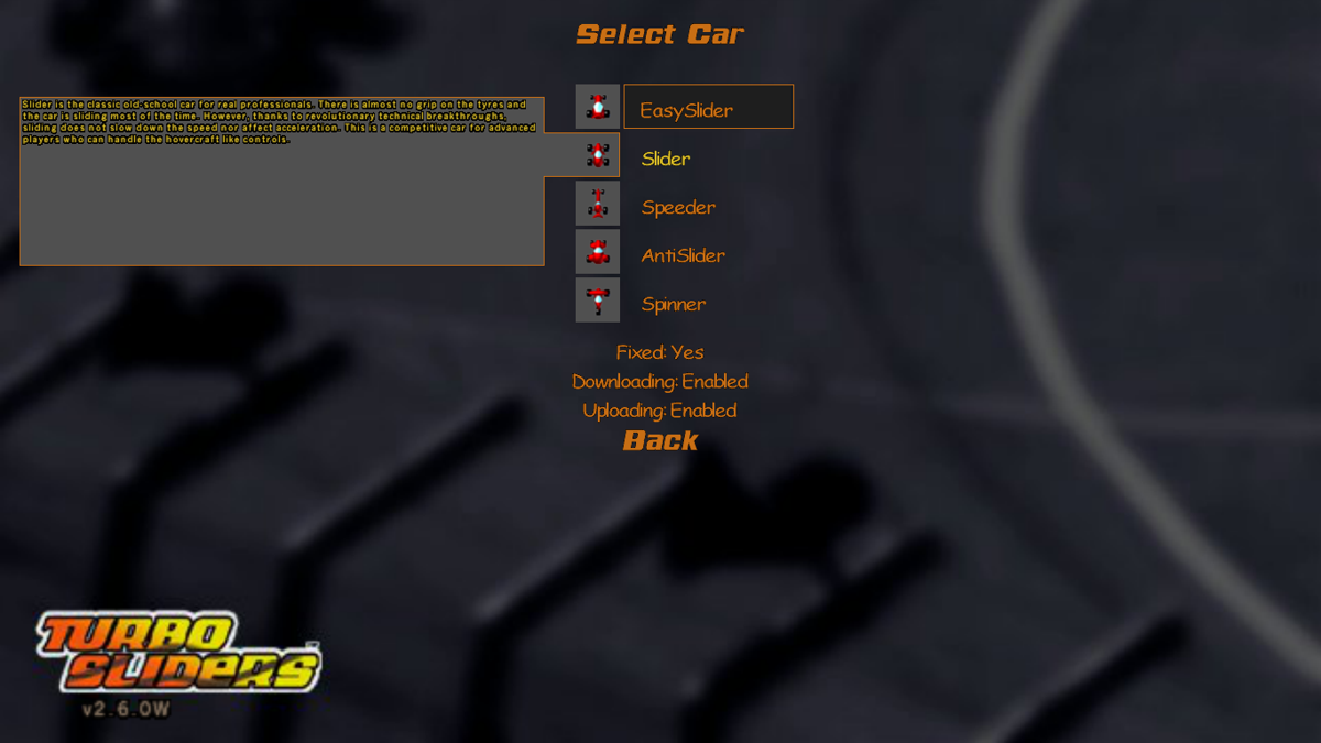 Turbo Sliders (Windows) screenshot: Car selection